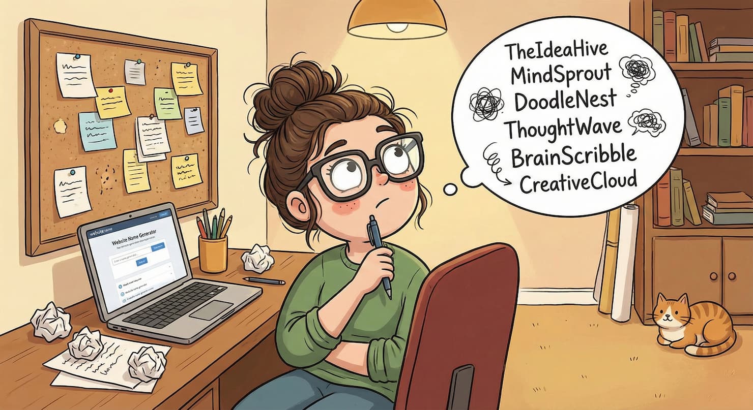 how to name an online store, a cartoon image of a girl brainstorming ideas for online store names.