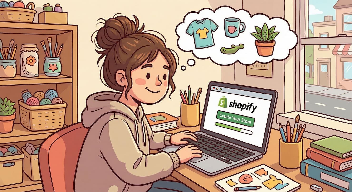 How to start a shopify store in 2025, A cartoon image showing a girl starting a shopify store using a laptop