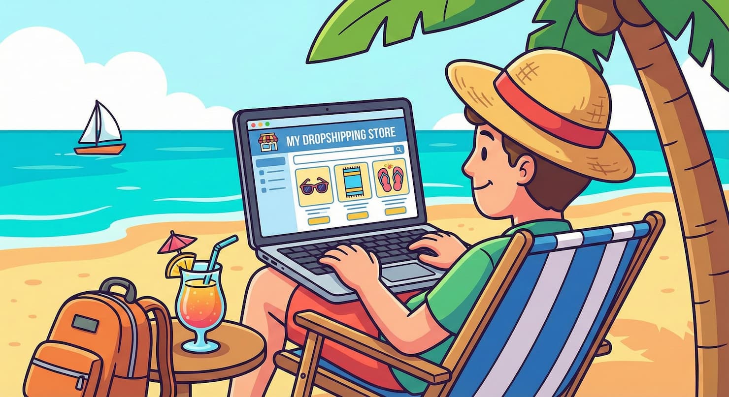 What is dropshipping. A cartoon image of a person managing a Shopify dropshipping store using a laptop on a beach.
